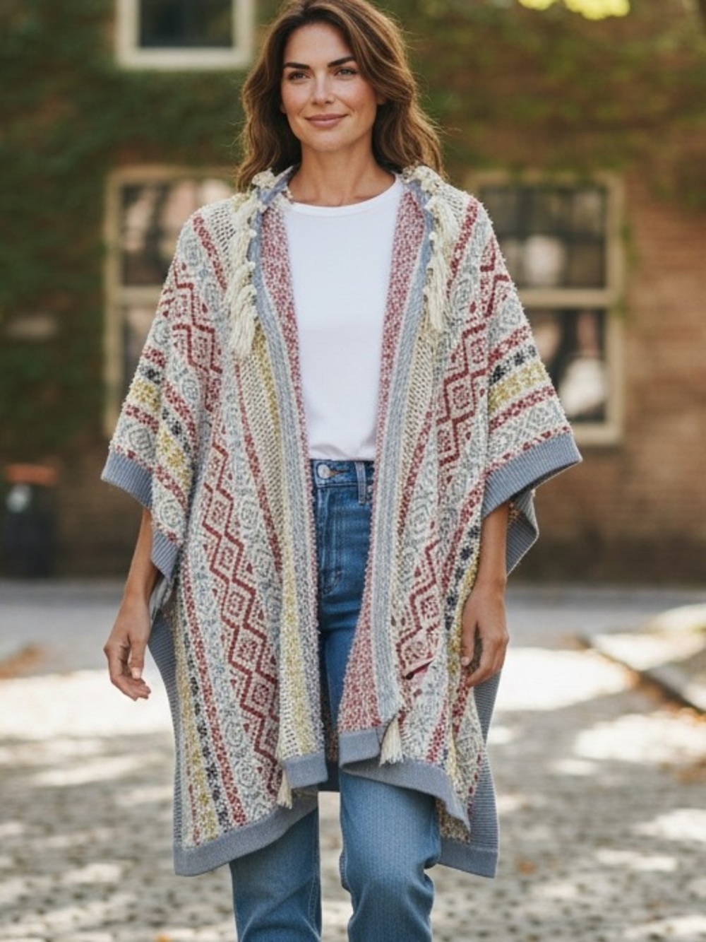 CAbi Cream, Gray, Blush & Yellow Patterned Knit Poncho with Tassels